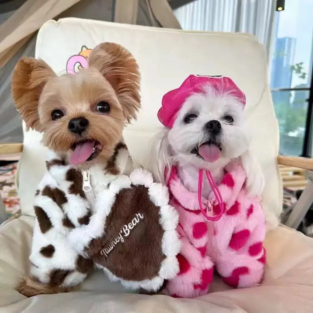 Pink plush warm coat for small dog on white background showing British style design