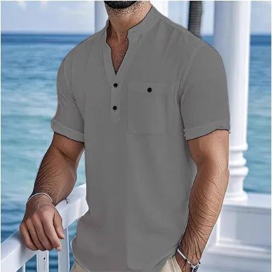 Men's light blue stand collar linen short sleeve T-shirt laid flat, showing loose fit and solid colour.