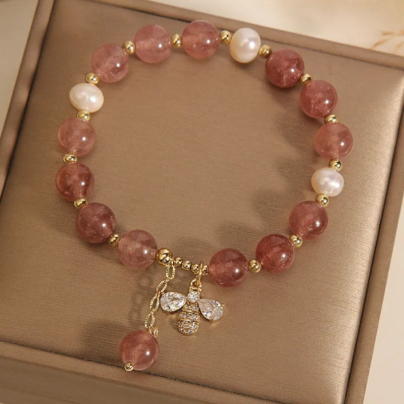 Women's strawberry quartz freshwater pearl bracelet with alloy beads and zircon accents