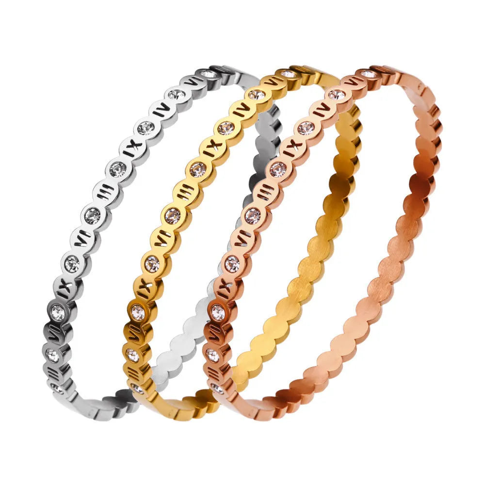 Korean style titanium steel bracelet with number detailing in gold, rose gold, or steel colour options