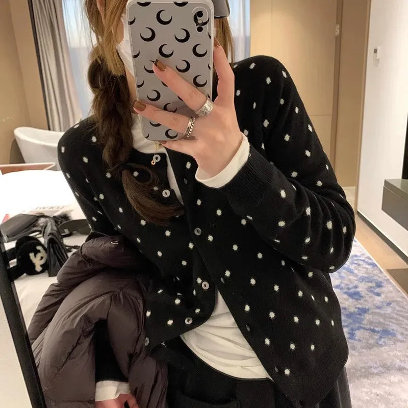 Women's Korean-style grey dot knitted cardigan with crochet flower details and long sleeves