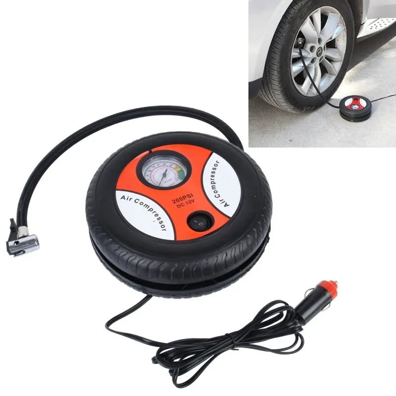 Mini air pump in black ABS casing, dimensions 17x17x6cm, with pressure gauge and power cord