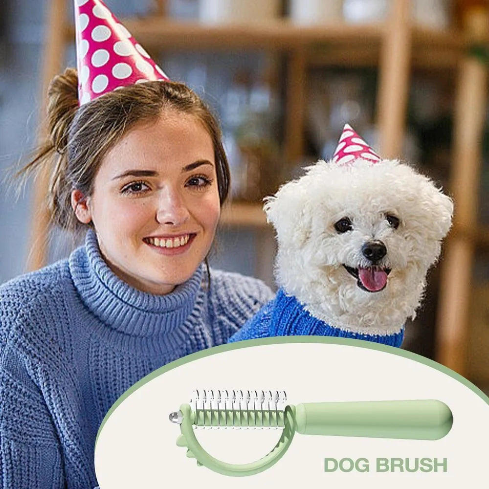 Blue dinosaur-shaped self-cleaning cat brush with double-sided stainless steel bristles