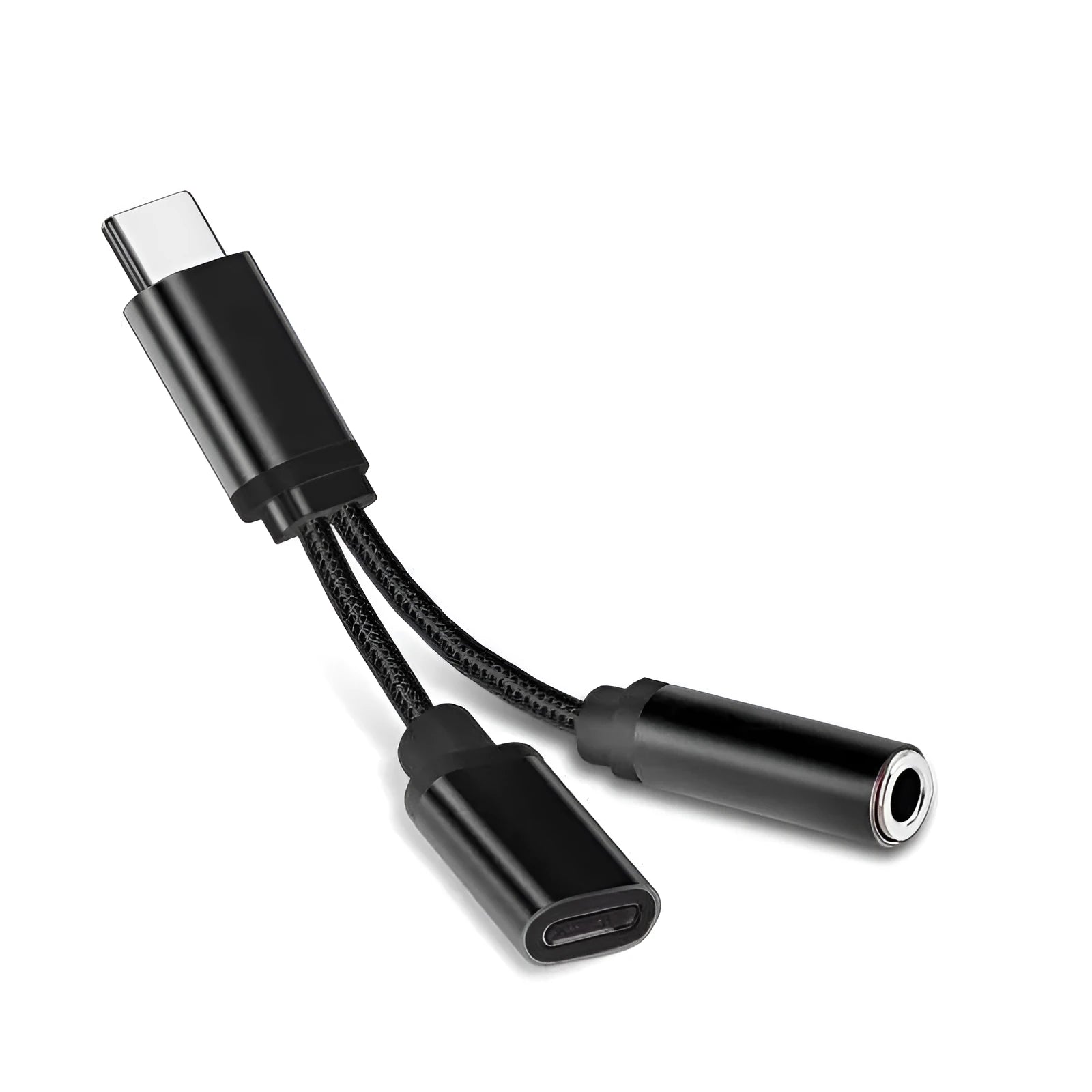 Type-C to 3.5mm headphone adapter cable in black with dual ports