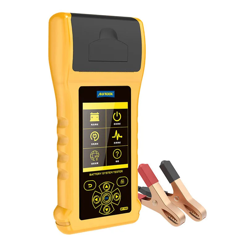 Autool BT760 vehicle battery diagnostic tool with colour screen, clips, and printed test receipt.