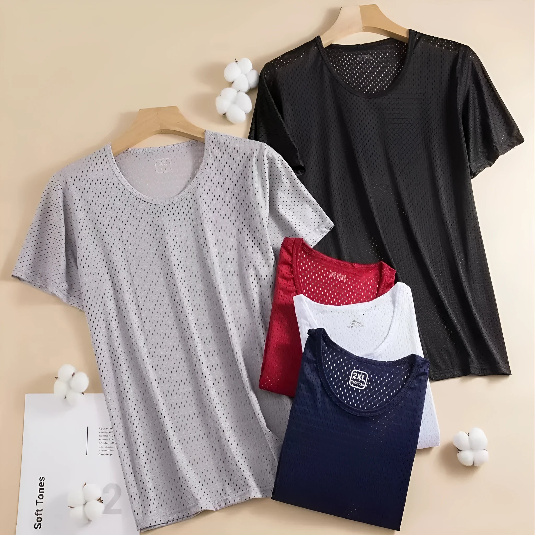 Man wearing a loose-fit grey Ice Silk short sleeve crew neck T-shirt.