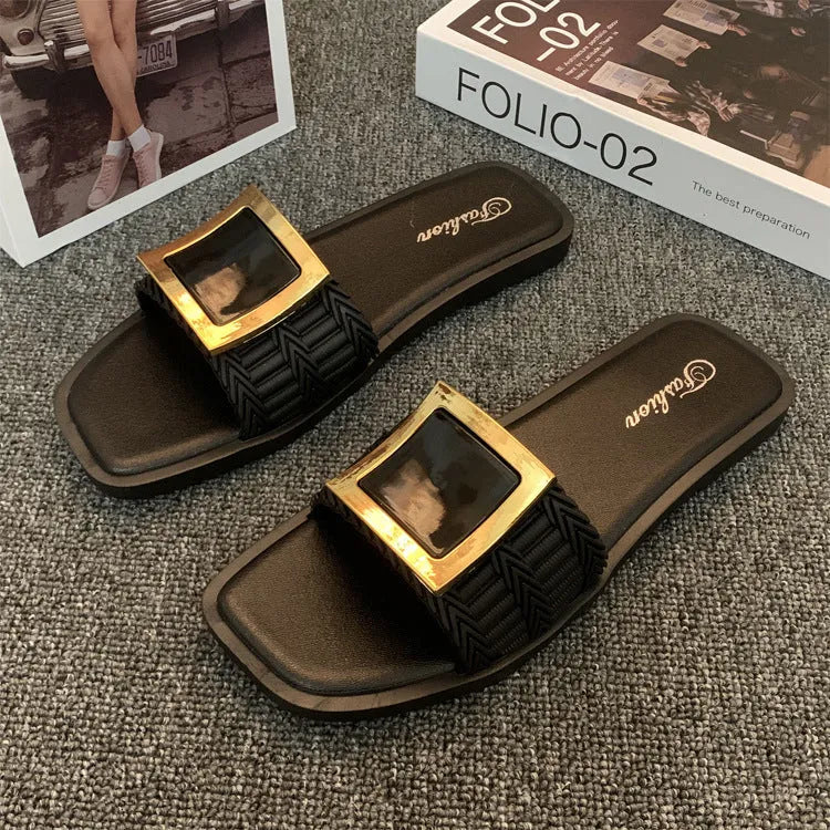 Women's apricot summer flat slippers with a non-slip PVC sole, shown on a light background.