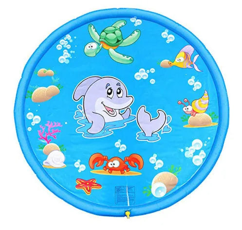 Blue PVC children's water spray play mat with marine animal print, shown on grass.