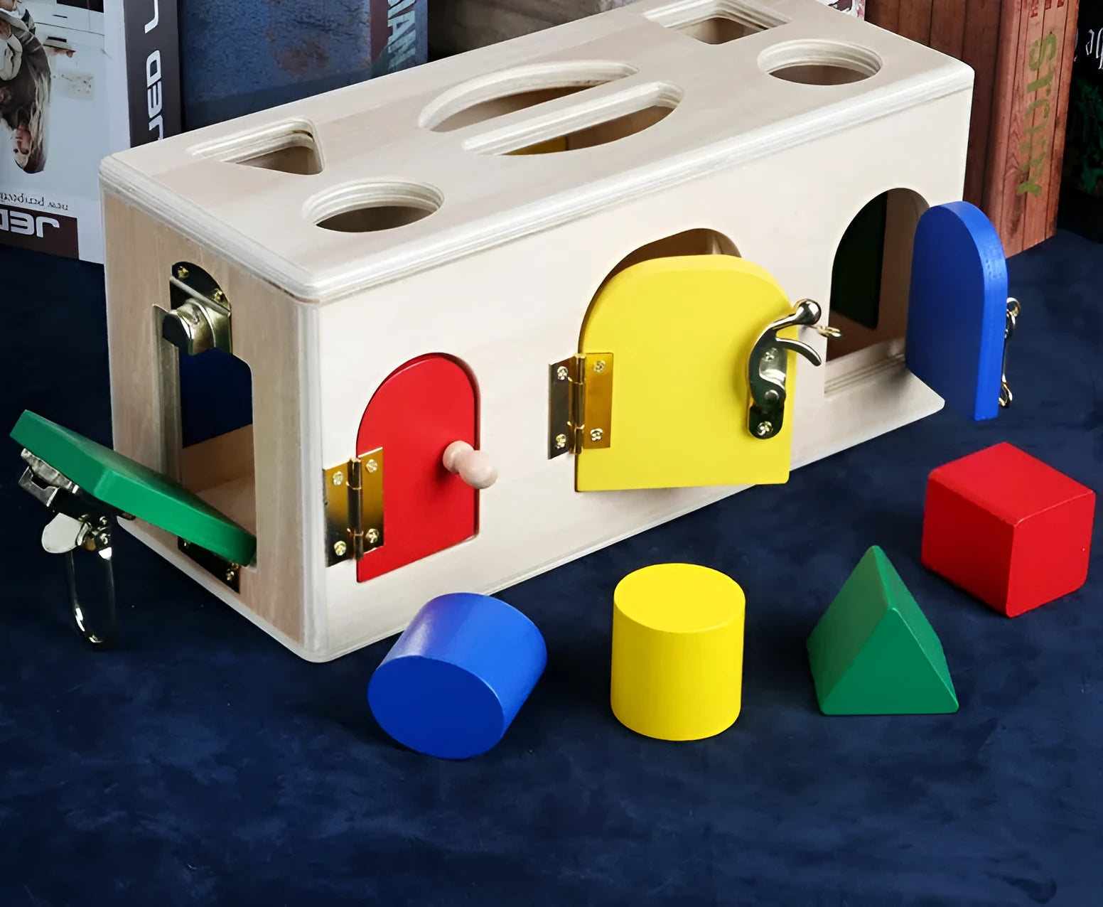 Wooden educational toy shape sorting lock box puzzle with geometric pieces for preschool children.