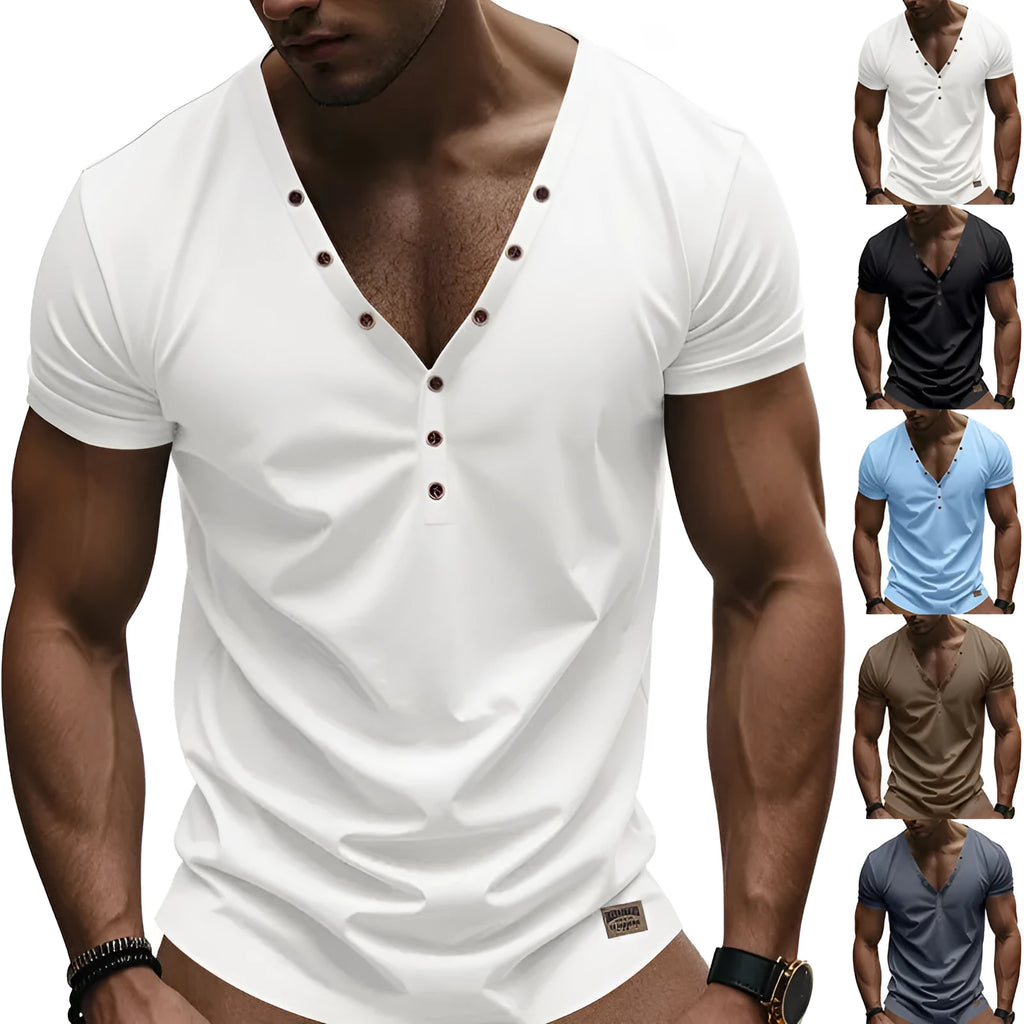Men's loose fit V-neck sports top with button detailing in chemical fibre blend fabric