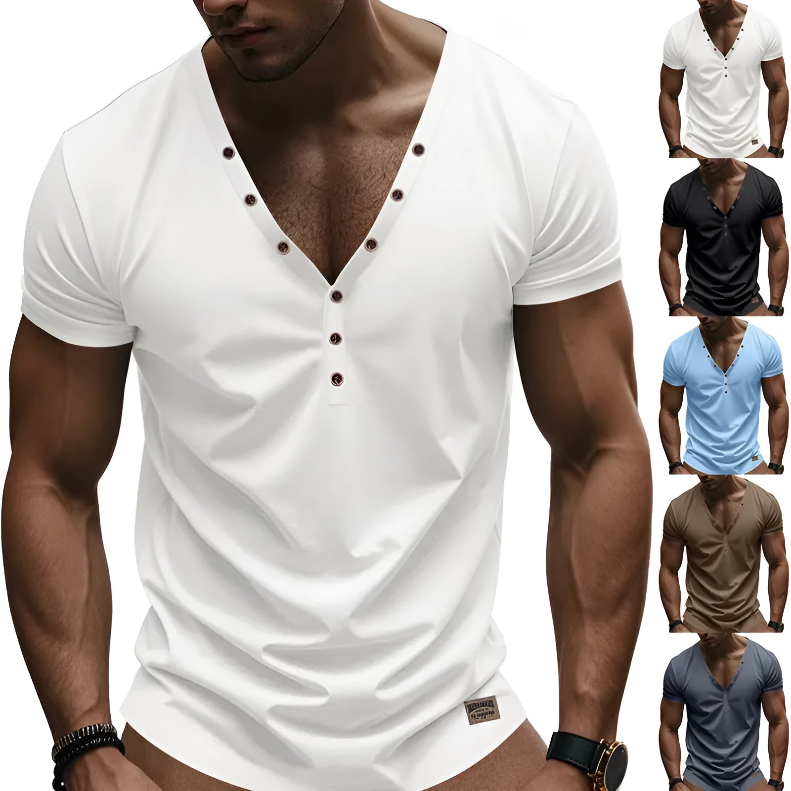 Men's loose fit V-neck sports top with button detailing in chemical fibre blend fabric