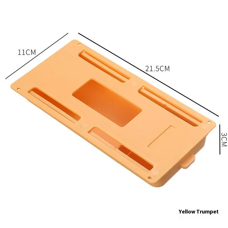 Plastic storage box with adhesive base for mounting under a table