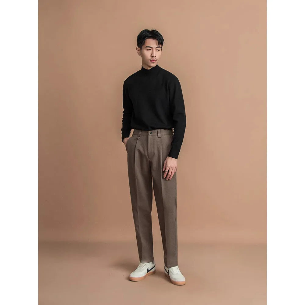 Men's straight-leg polyester trousers in a draped silhouette, shown in khaki colour.