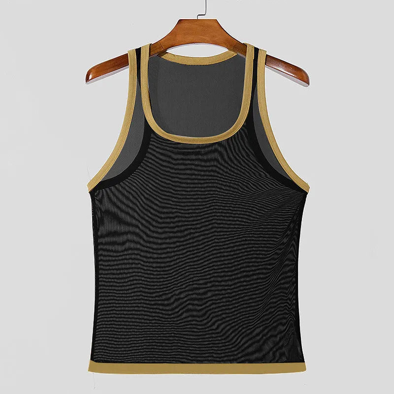 Men's black mesh fitness vest with straight hem design for sports and gym workouts