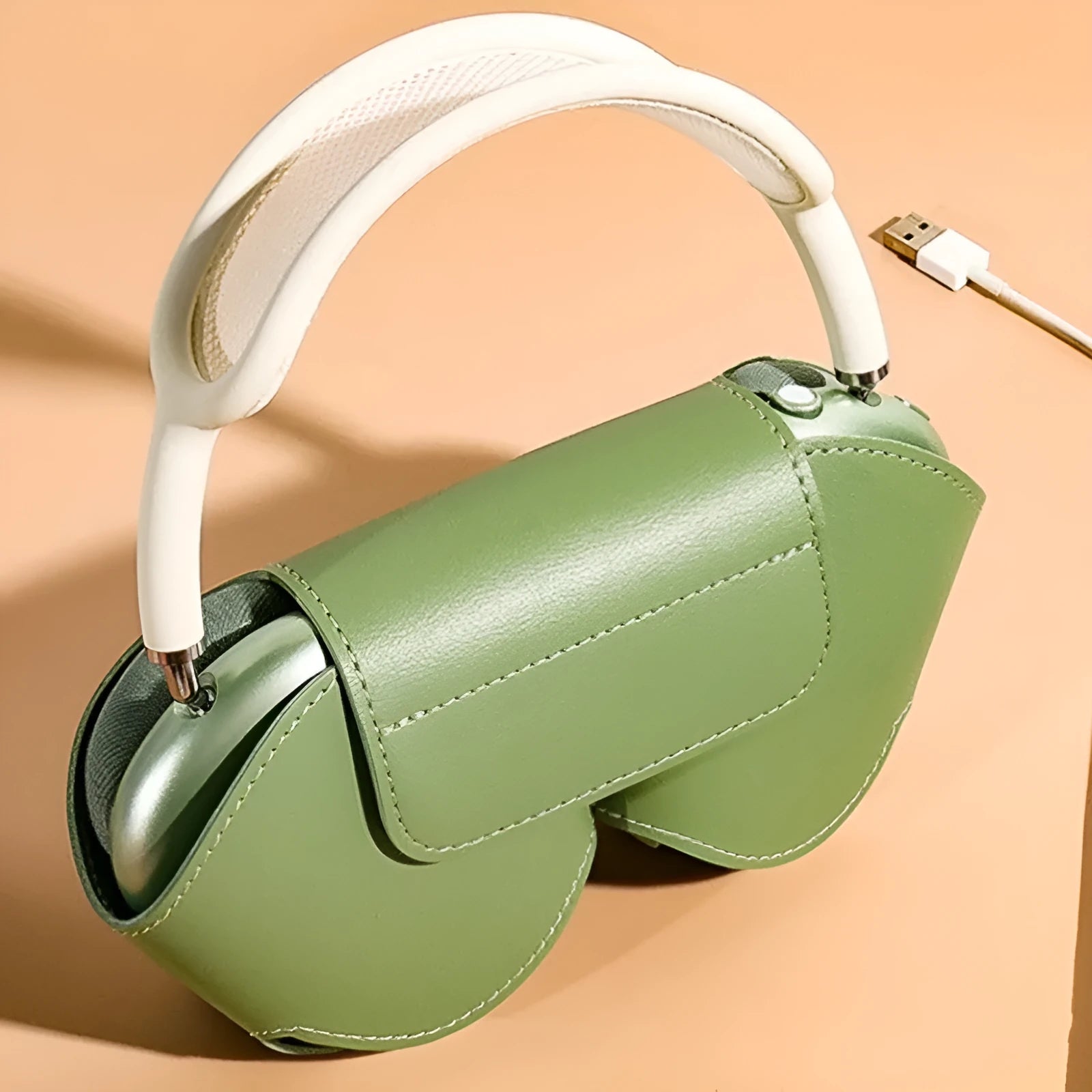 AirPods Max protective case in PU leather, shown in available black, red, white, green, and blue colours.