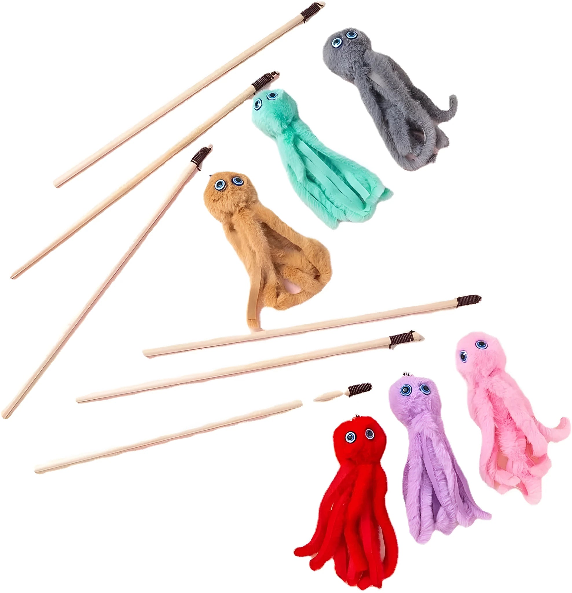 Furry octopus cat toy with eyes on 40cm long stick in pink colour for kitten play