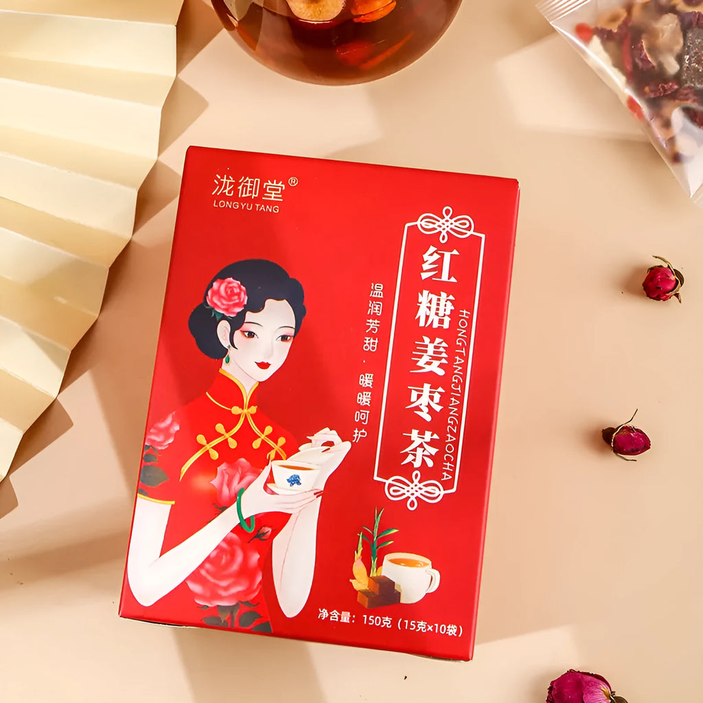 Box of Yuantang brown sugar ginger and jujube herbal tea bags with traditional ingredients