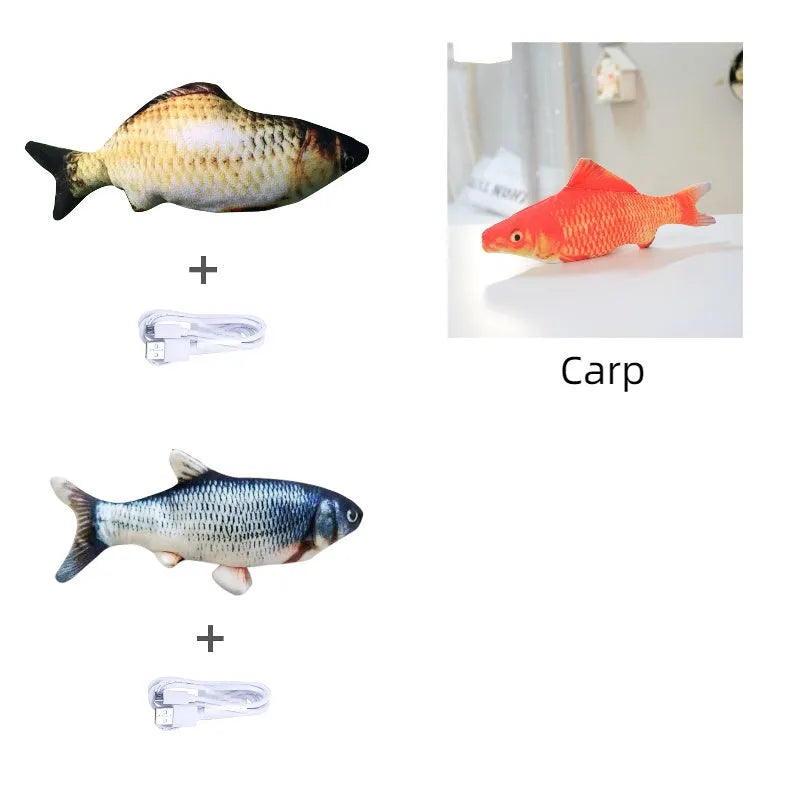 Multicolor USB rechargeable electric jumping fish cat toy measuring 30cm long
