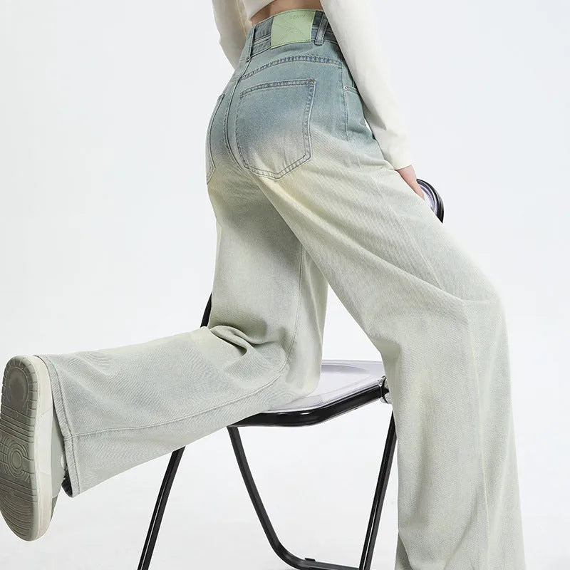 Gradient blue women's straight-leg trousers with wide-leg design and cotton composition