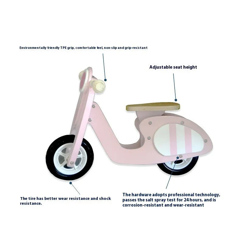 Pink wooden toddler balance scooter on a 10-inch wooden deck for children ages 1 to 6.