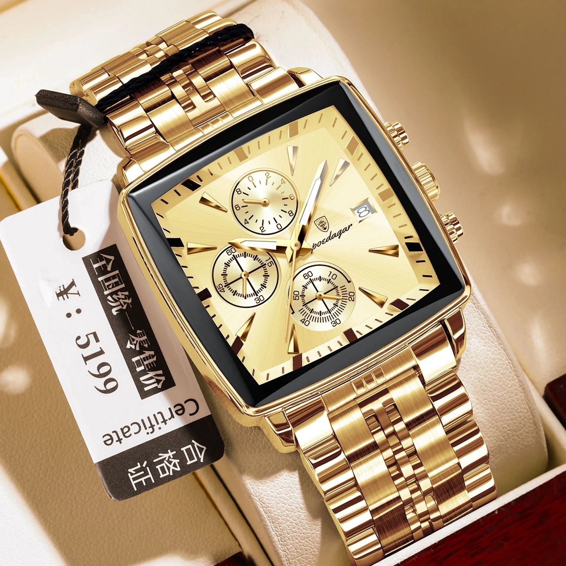 Square men's business watch with stainless steel strap and multiple colour configuration options
