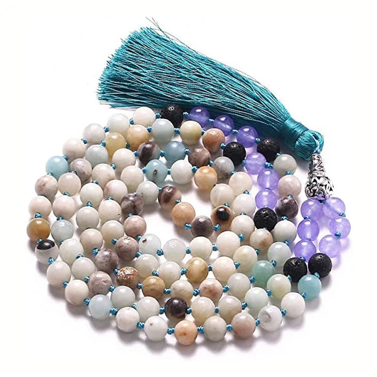 Long geometric agate tassel necklace with mixed gemstone beads including lapis lazuli and turquoise