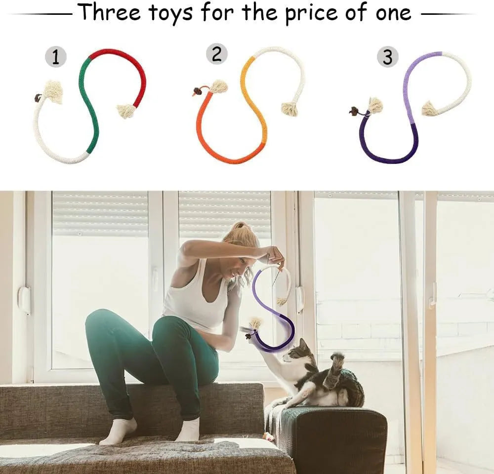 Bite-resistant cat teaser toy with a long cotton string and a catnip stuffy attached, showing purple, orange, and green colour options.