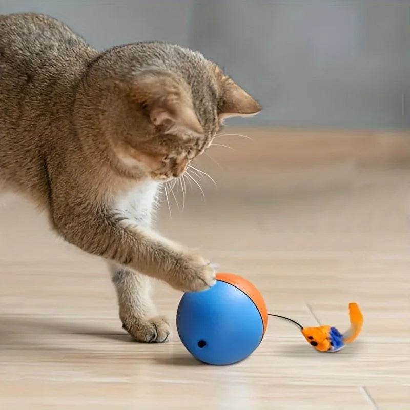 Grey and orange interactive cat toy ball with a soft plush mouse attachment for feline exercise.