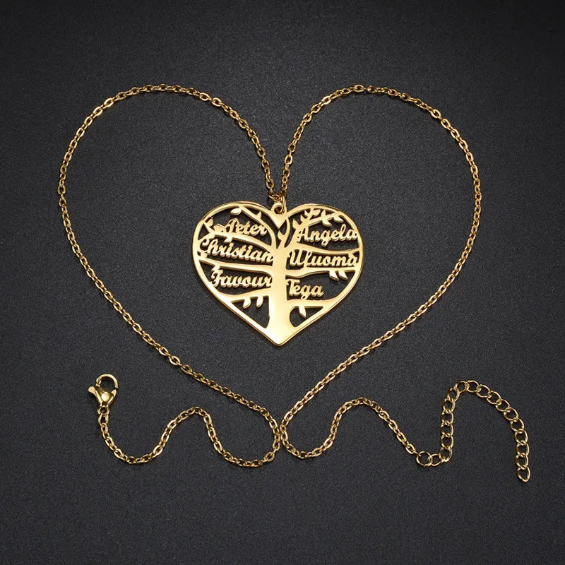 Personalised stainless steel necklace with a custom name heart pendant and lucky tree charm on an adjustable chain.