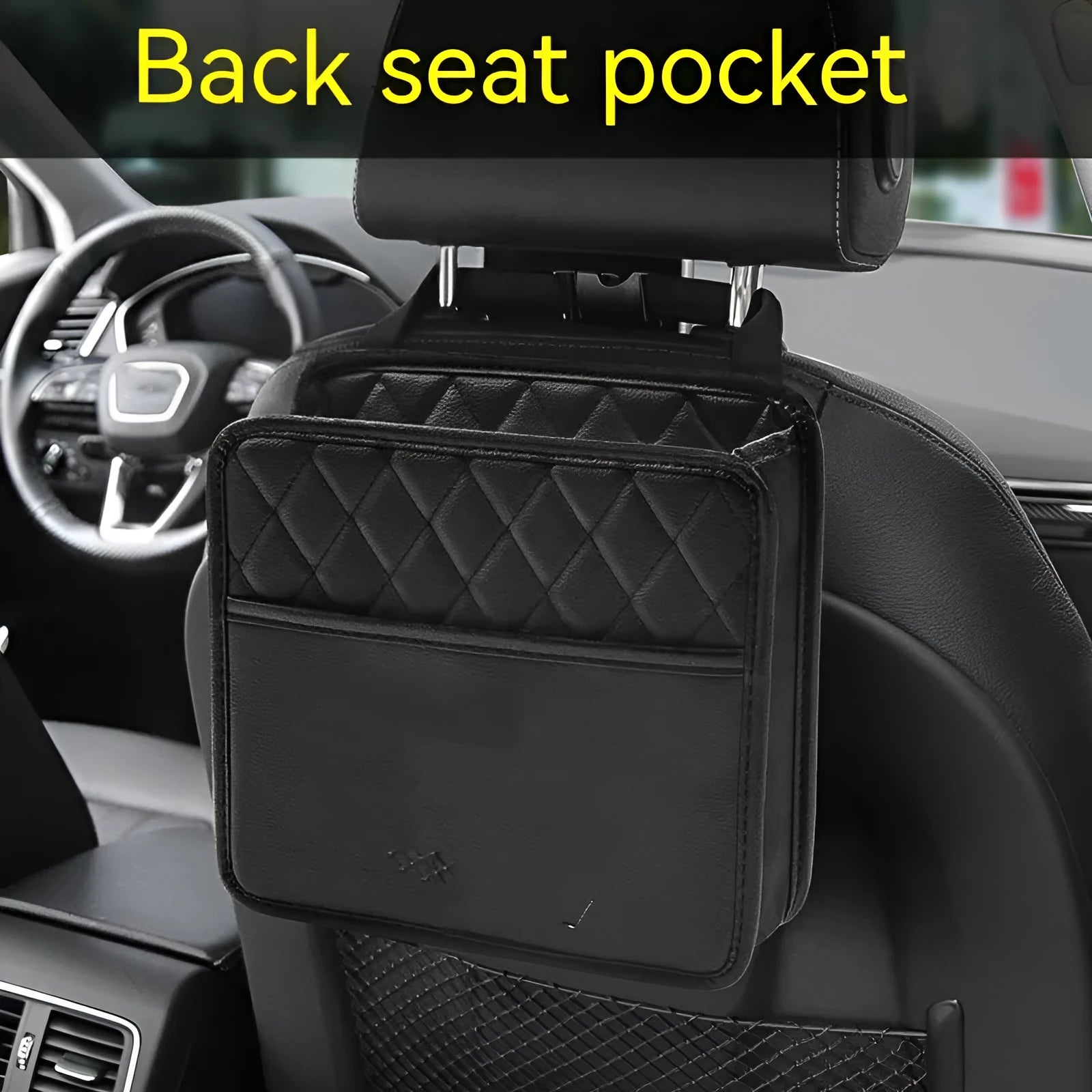 Leather car hanging storage bag in black showing 25cm compact design for vehicle interior organisation
