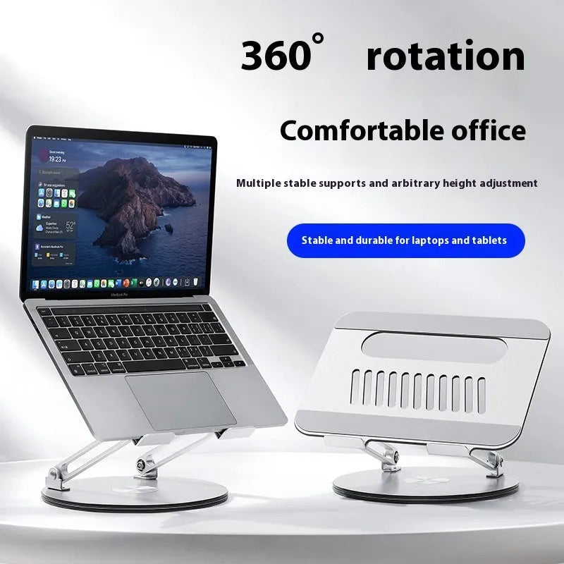 Silver aluminium laptop stand with height adjustment and rotatable design