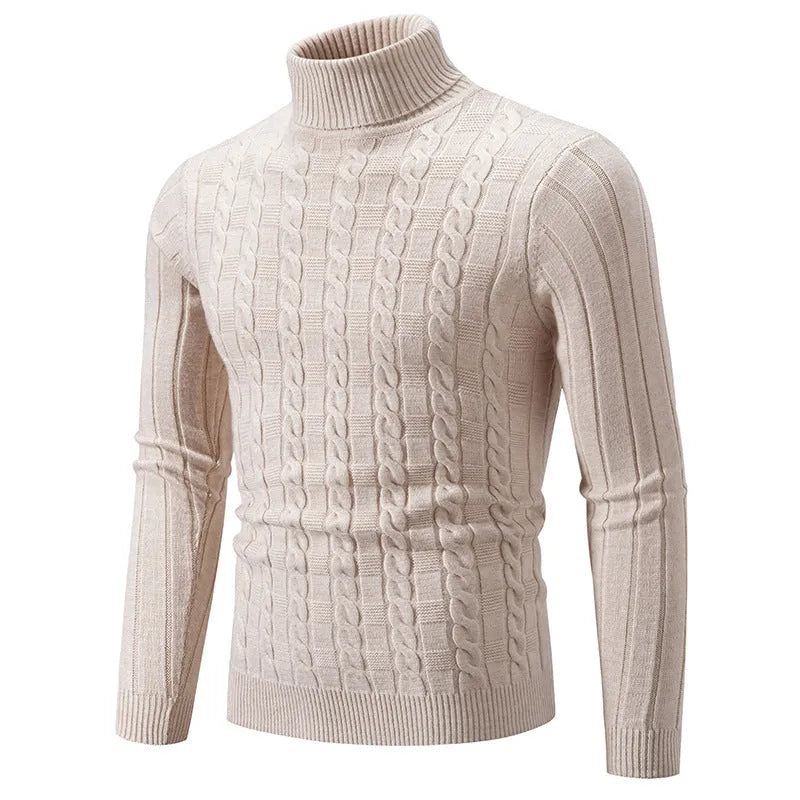 Men's slim fit chenille turtleneck pullover sweater in milky white on a model.