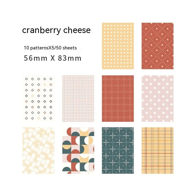 Pack of 50 retro sweet dessert themed note papers in ten pastel colours, each 56mm by 83mm.