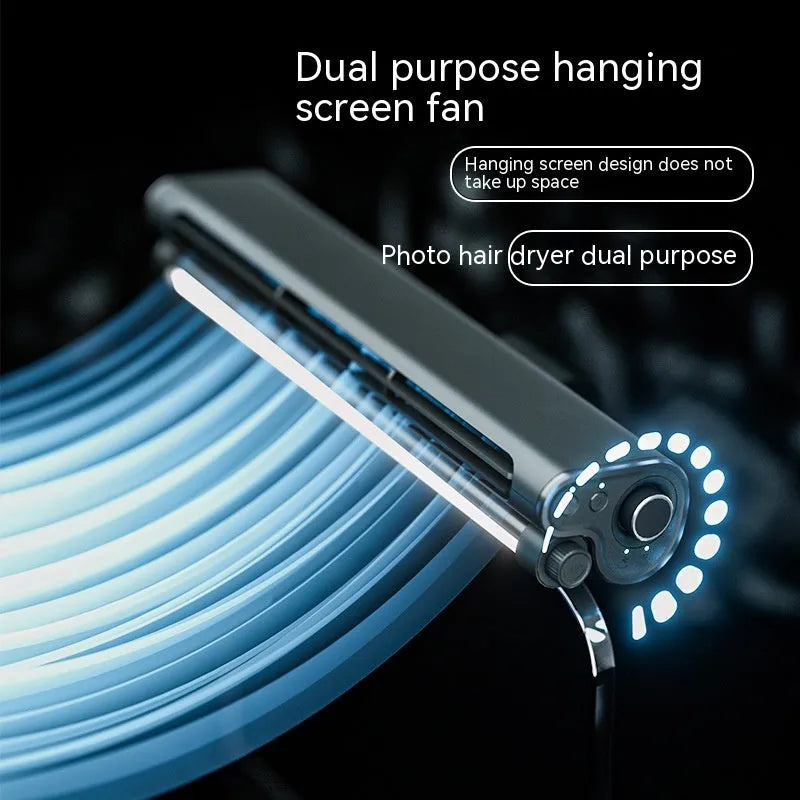 Black USB-powered bladeless clip-on desk fan with LED lighting lamp for computer screens