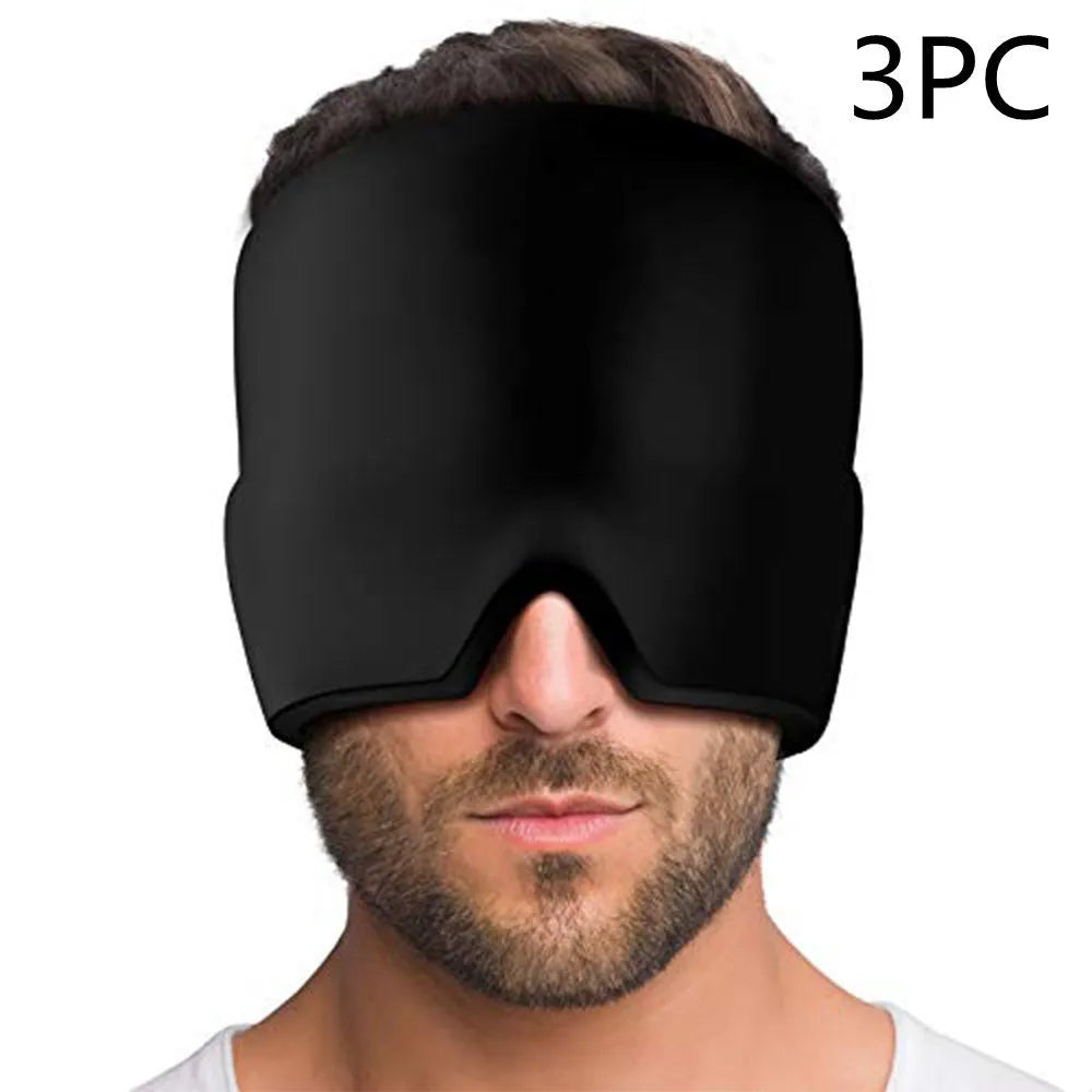 Black elastic cloth gel eye mask for headache relief measuring 22cm by 17cm