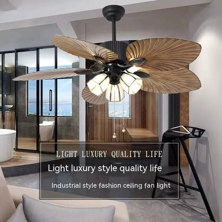 Retro-style brown and copper ceiling fan light with wooden blades and integrated lights.