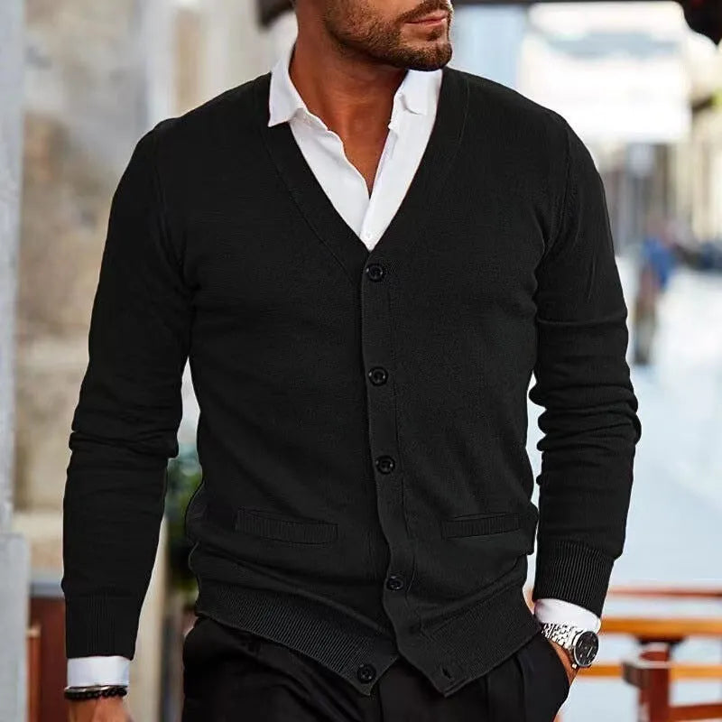 Men's slim fit acrylic cardigan sweater in autumn colours on a hanger