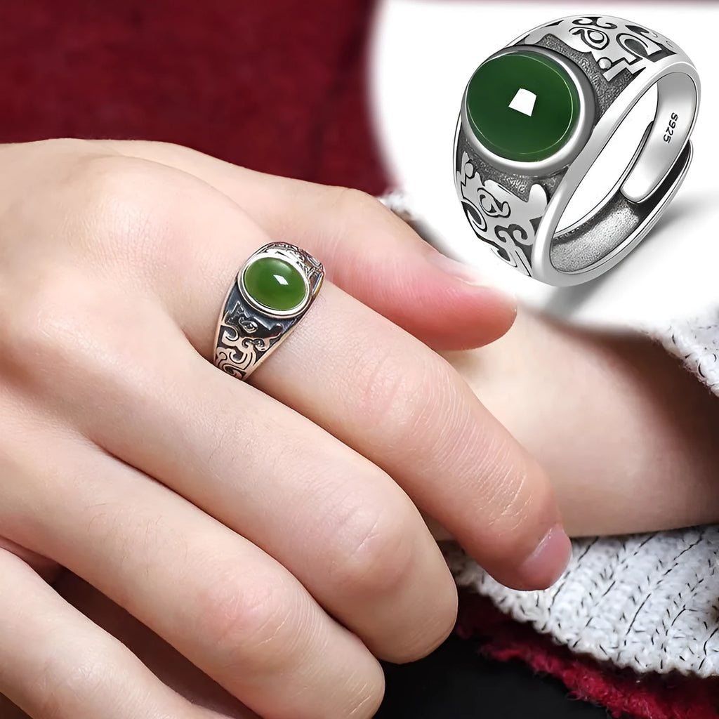 Men's imitation Hetian jade silver-plated retro-style green ring with adjustable opening and geometric shape