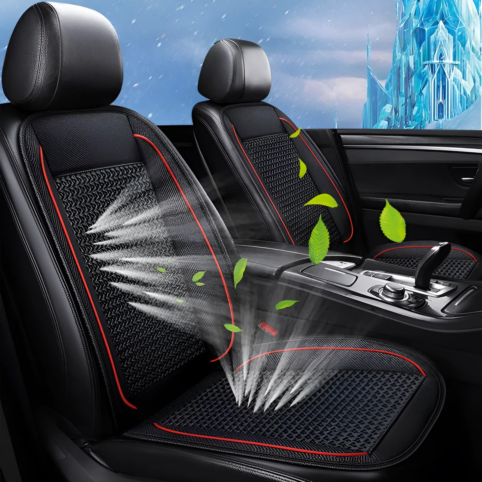 Square black car seat ventilation cushion with power cord, shown on a car seat.