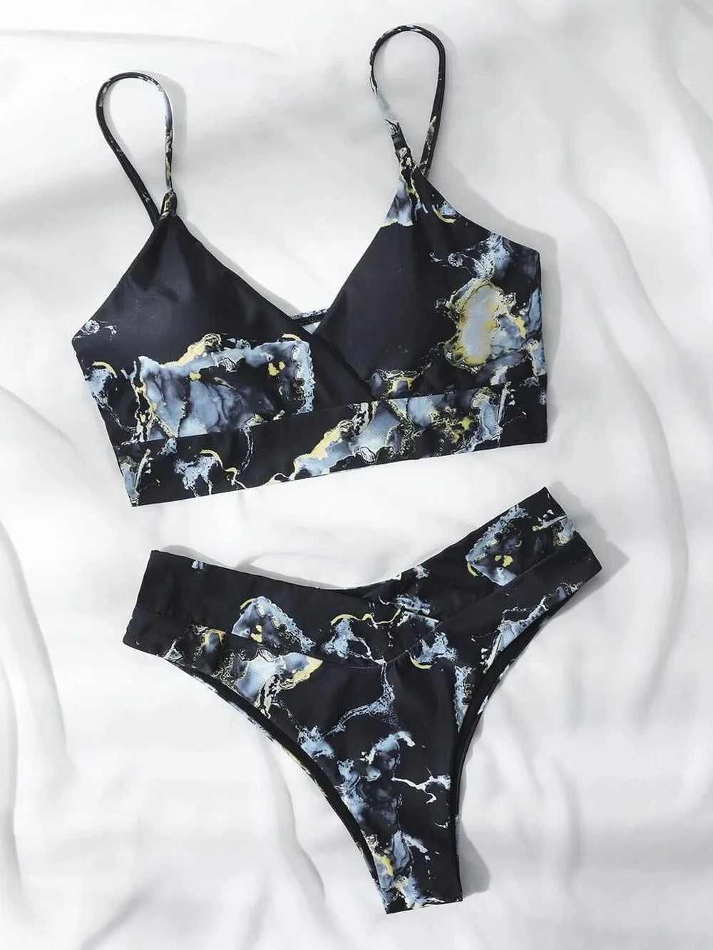 Women's high waist bikini swimsuit set with marble tie-dye print and U-neck design.