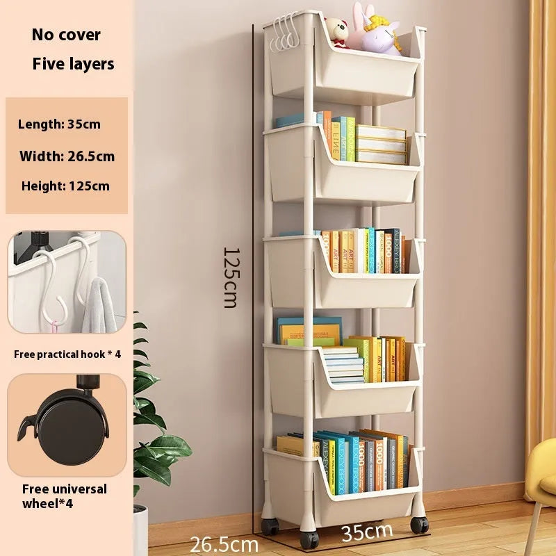 White plastic household multi-layer storage rack with wheels, rotatable, 3 layers, on a floor