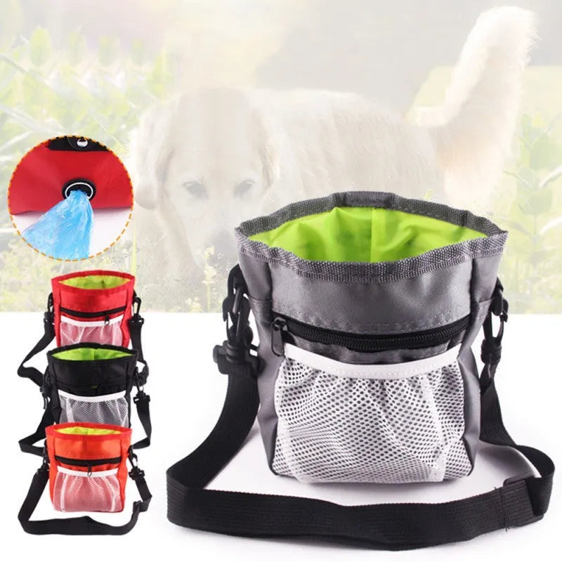 Dog treat pouch in red Oxford cloth with drawstring closure and detachable belt buckle, 18x14x6cm