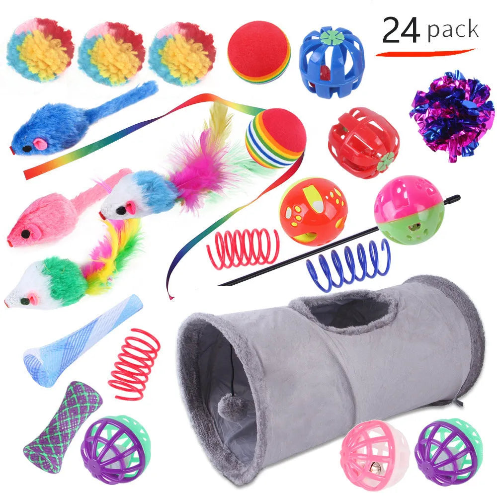 Plastic cat toy channel maze set with coloured accessories for feline play
