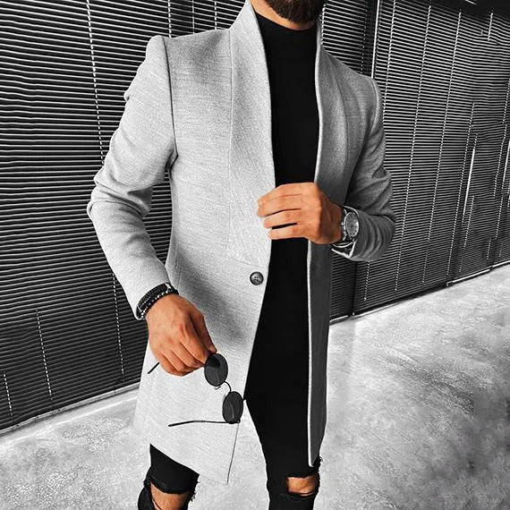 Men's stand-up collar mid-length woolen coat in grey, standard EU sizes XS to 4XL