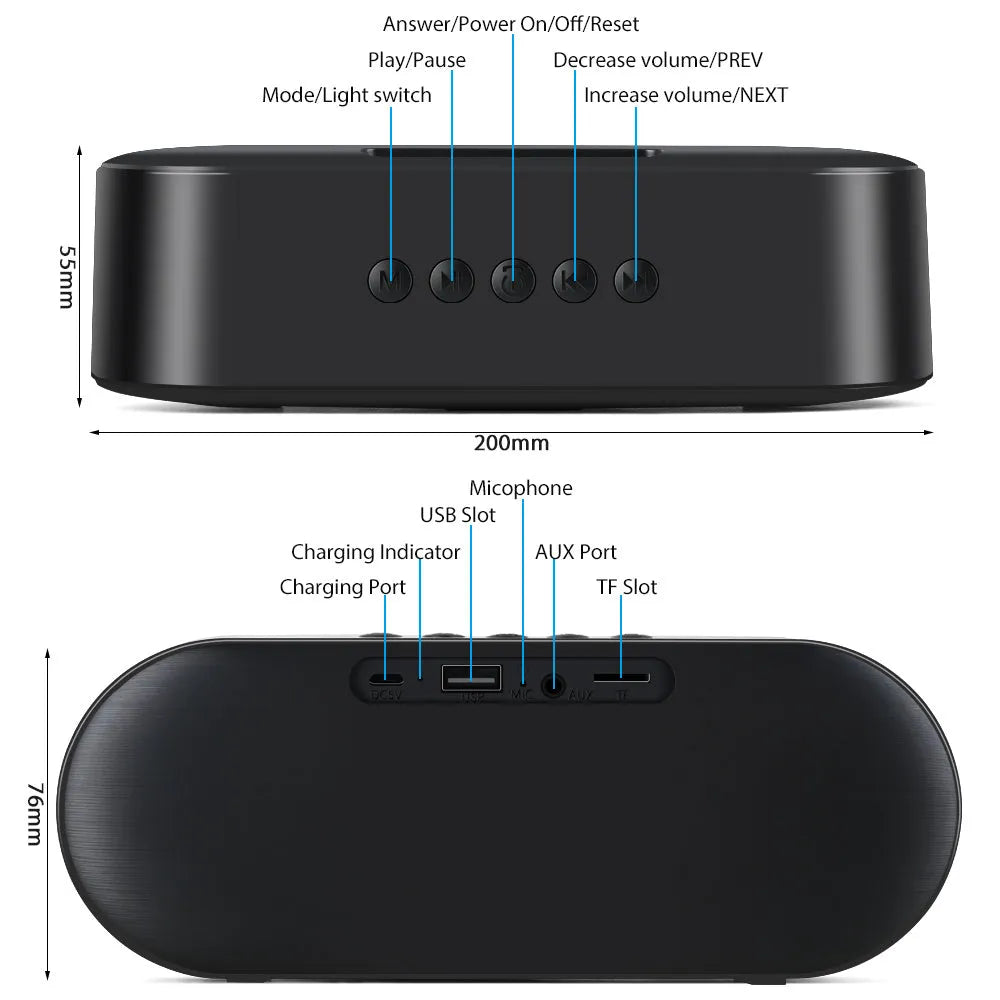Black Bluetooth speaker with button controls and TF card slot on front