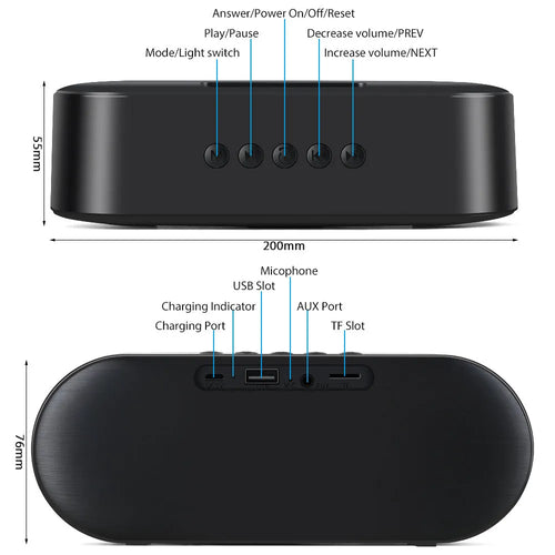 Black Bluetooth speaker with button controls and TF card slot on front