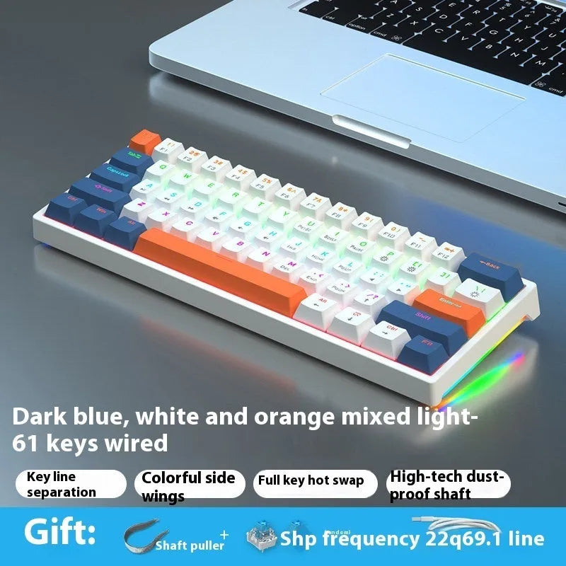 Bluish-black 61-key mechanical keyboard with wired USB cable on desktop