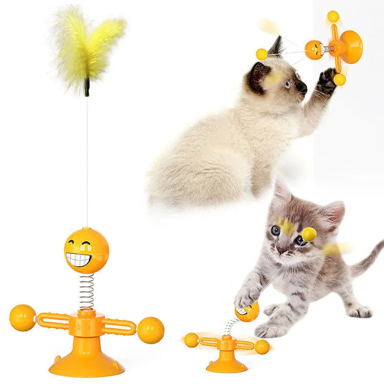 Cat rotating windmill toy with suction base and two transparent bins on blades