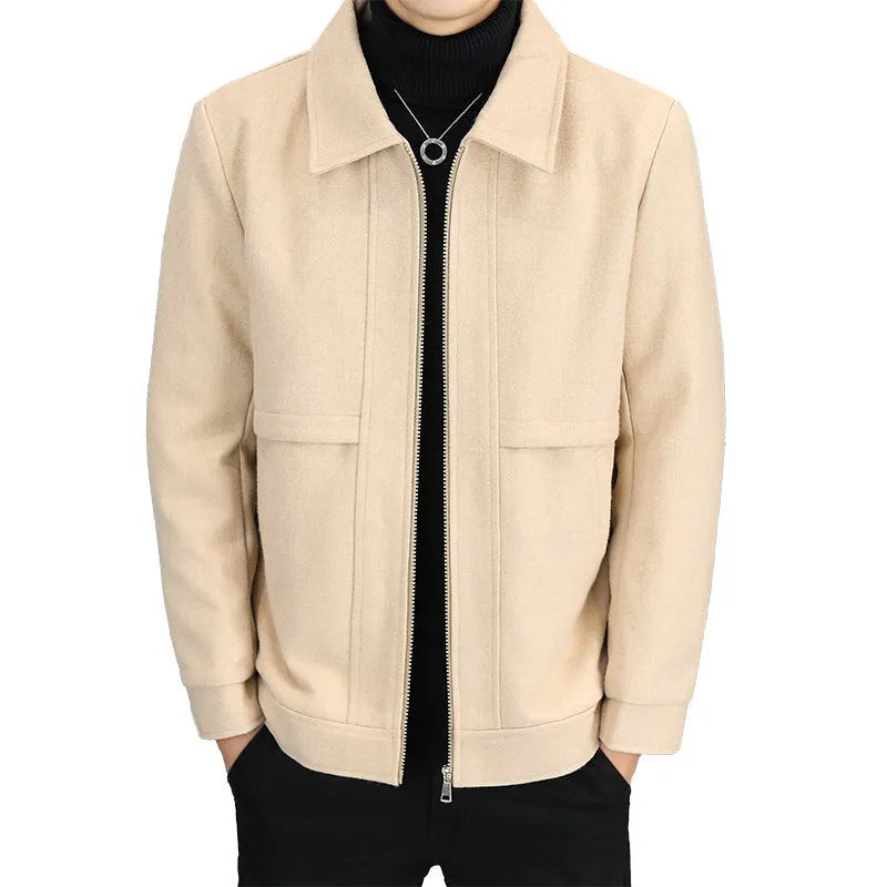 Casual polo collar jacket in cotton blend fabric with side seam pockets in khaki colour