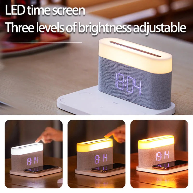 Black and white minimalist wireless charging station with digital clock, night light, and thermal cup.